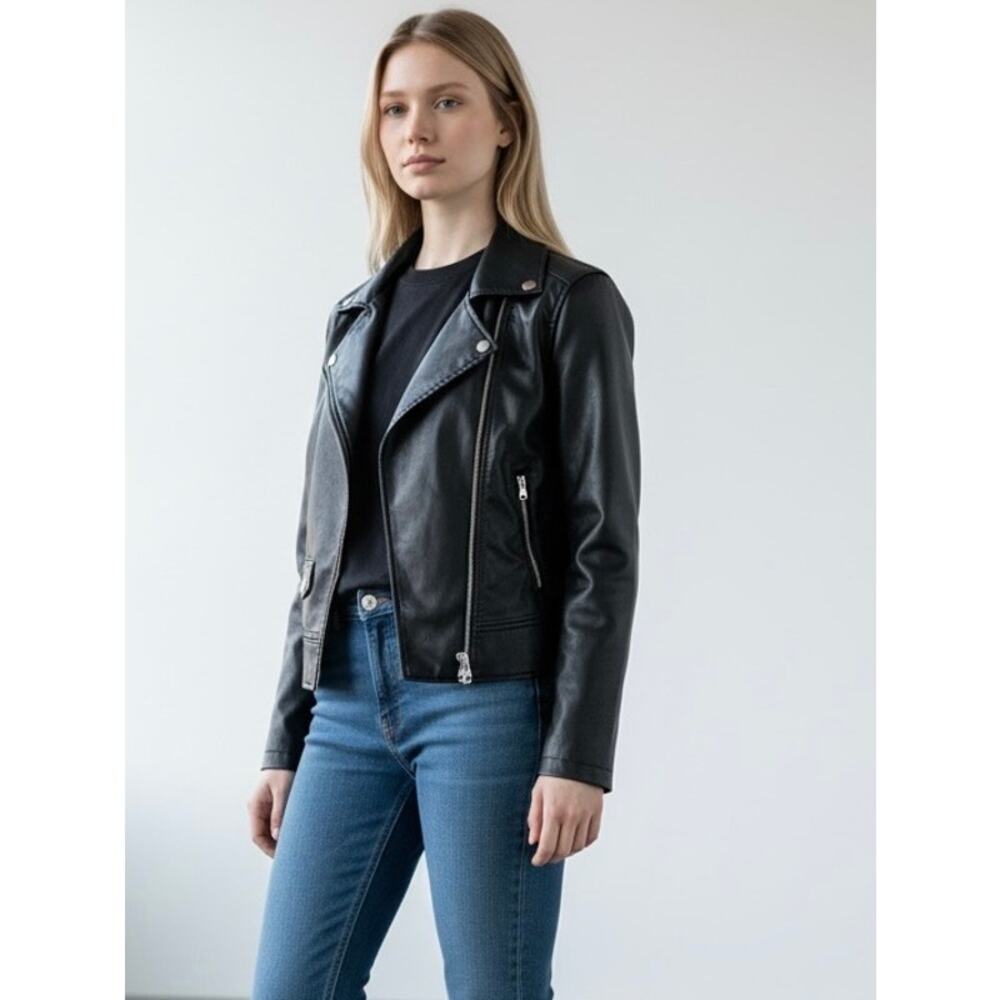 Women's Me Jane black faux leather biker moto jacket coat size medium NWT